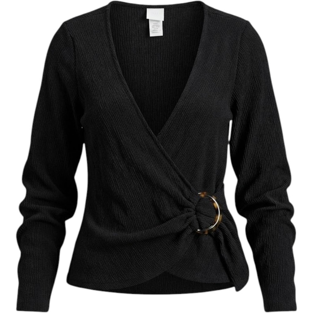 H&M Wrap Top Womens XS Black Excellent Textured Long Sleeve V-Neck Ring Detail